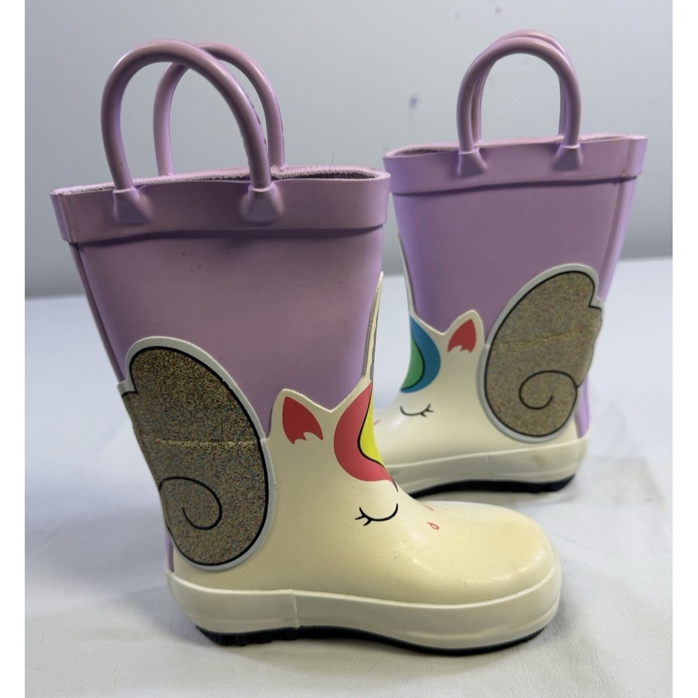 Target Toddler Girls Purple Unicorn Rainbow Waterproof Rain Boots Handles Sz 5